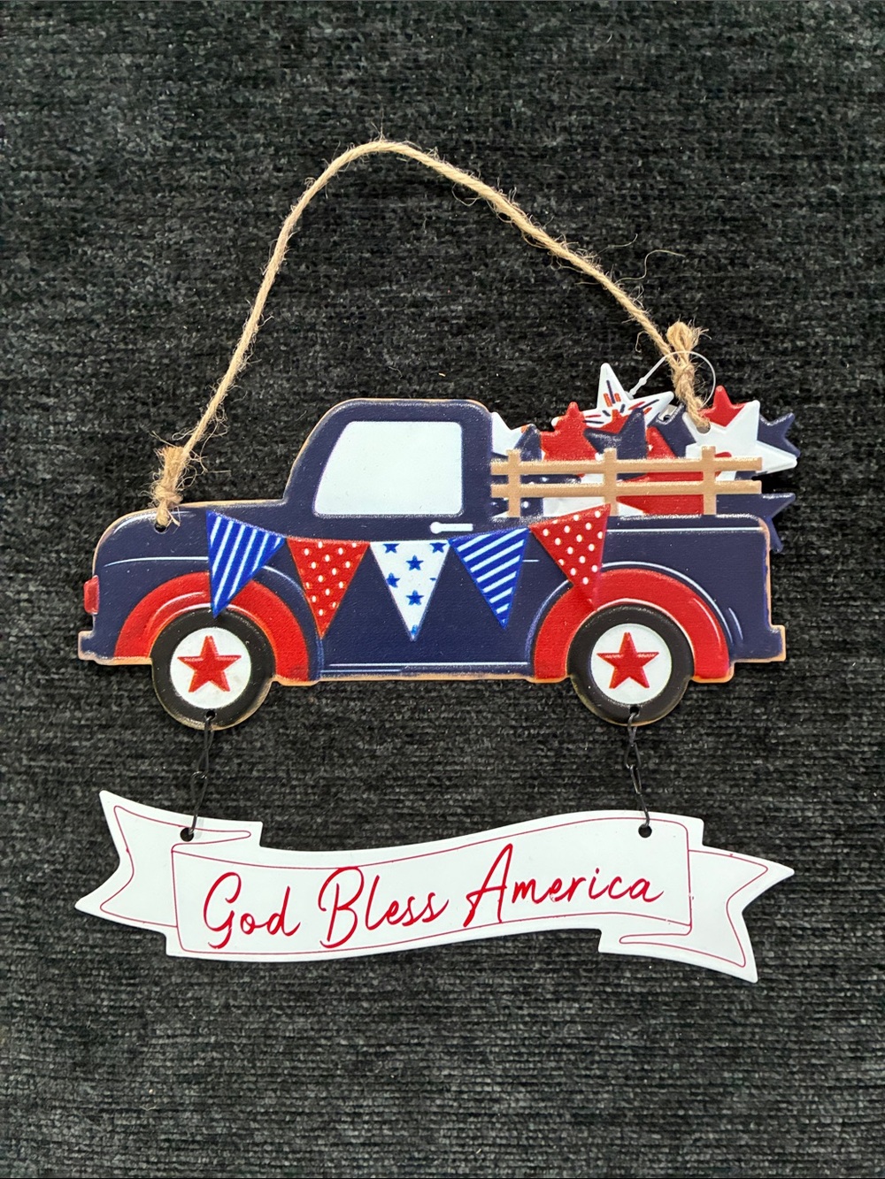 NWT- Patriotic Blue Farm Truck "God Bless America" Metal Hanging Decor Sign 🇺🇸